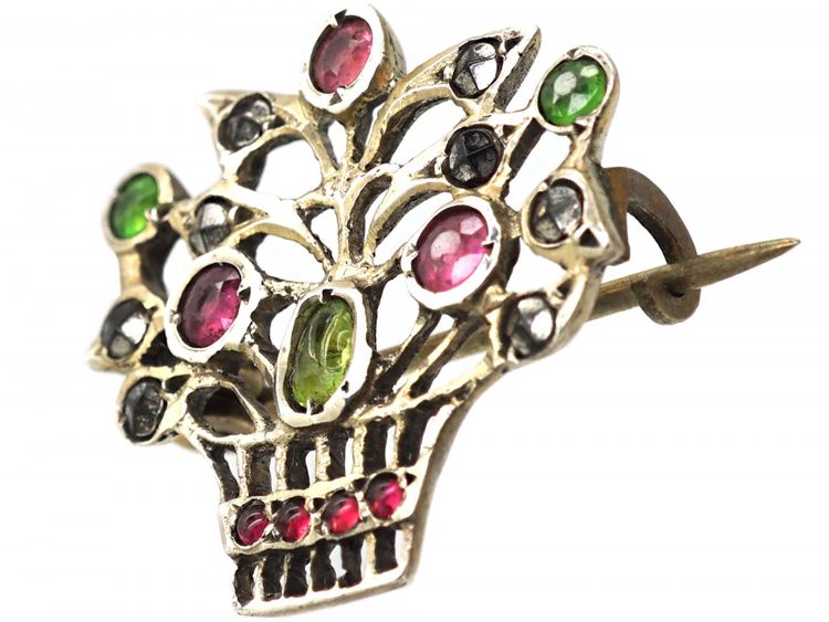 Edwardian Silver & Coloured Paste Basket of Flowers Brooch