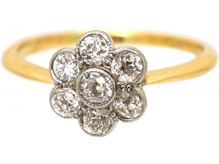 Edwardian 18ct Gold & Platinum Daisy Cluster Diamond Ring