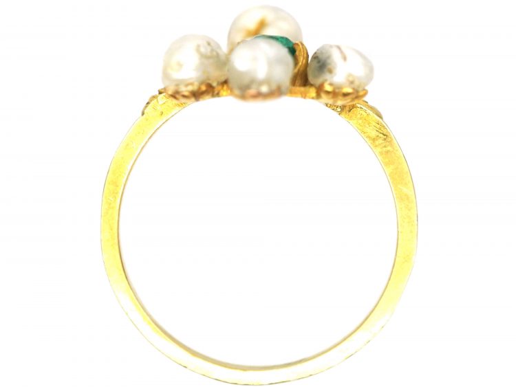 French Art Nouveau 18ct Gold, Emerald, Diamond & Natural Baroque Pearl Ring