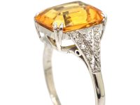 Art Deco 18ct Gold & Platinum, Citrine Ring with Diamond Set Shoulders