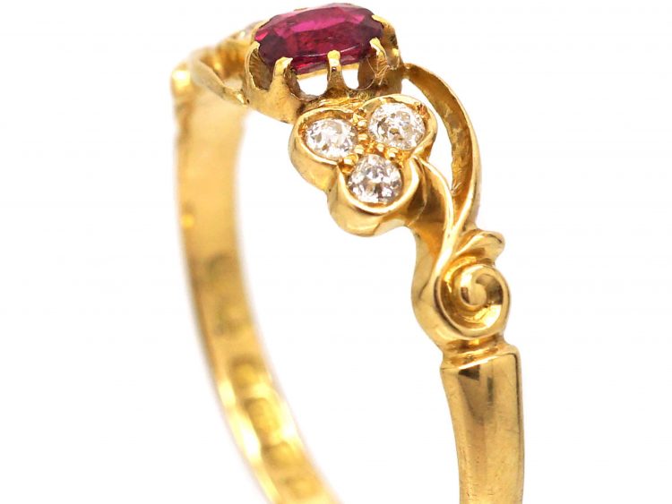 Edwardian 18ct Gold, Ruby & Diamond Trefoil Ring by Deakin & Frances