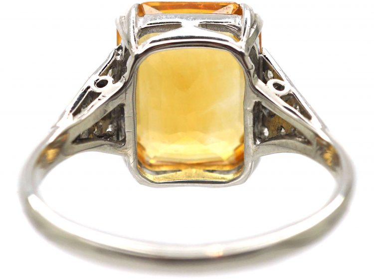 Art Deco 18ct Gold & Platinum, Citrine Ring with Diamond Set Shoulders