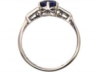 Retro 18ct White Gold & Platinum, Unheated Sapphire Solitaire Ring with Baguette Diamond Shoulders