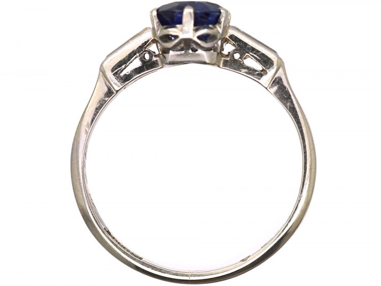 Retro 18ct White Gold & Platinum, Unheated Sapphire Solitaire Ring with Baguette Diamond Shoulders