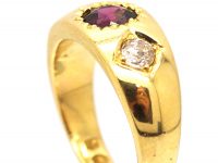 Victorian 18ct Gold, Three Stone Almandine Garnet & Diamond Gypsy Ring