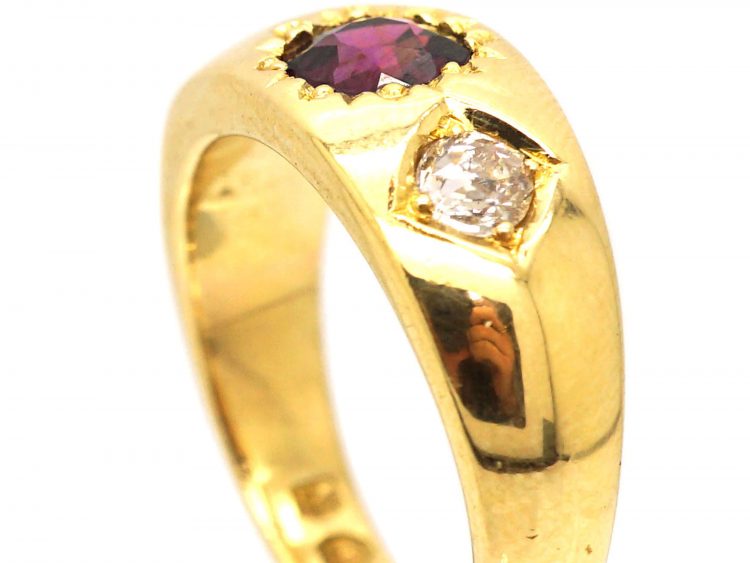 Victorian 18ct Gold, Three Stone Almandine Garnet & Diamond Gypsy Ring