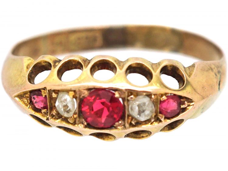 Edwardian 9ct Gold, Red Paste & Rose Diamond Five Stone Ring
