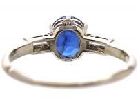 Retro 18ct White Gold & Platinum, Unheated Sapphire Solitaire Ring with Baguette Diamond Shoulders