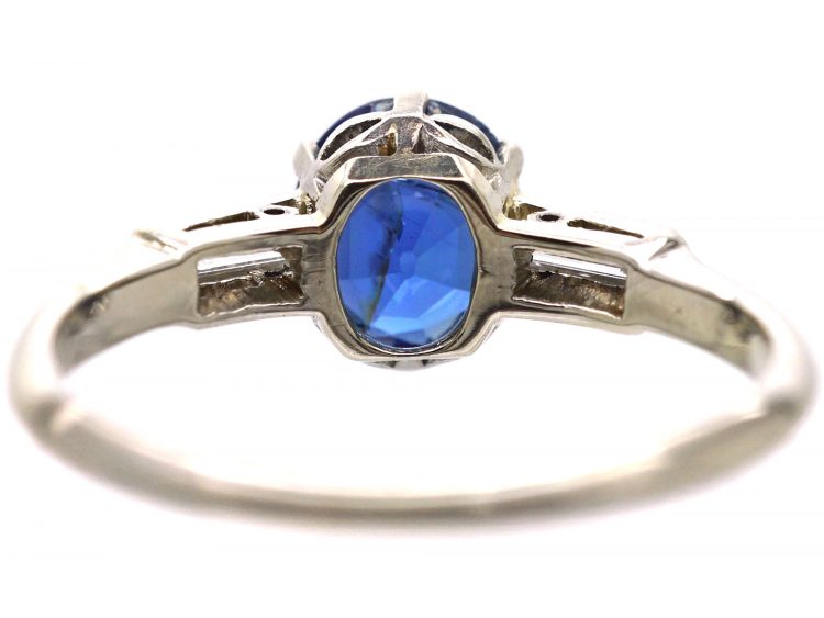 Retro 18ct White Gold & Platinum, Unheated Sapphire Solitaire Ring with Baguette Diamond Shoulders