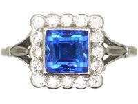 Art Deco Platinum, Sapphire & Diamond Square Ring