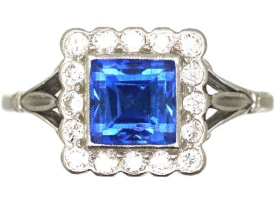 Art Deco Platinum, Sapphire & Diamond Square Ring