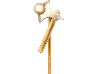 Edwardian 18ct Gold & Platinum Hatchet Tie Pin set with a Pearl