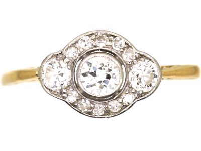 Art Deco 18ct Gold & Platinum Ring set with Three Diamonds with Smaller Diamonds Around Them