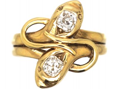 Edwardian 18ct Gold Double Snake Ring set with Two Diamonds