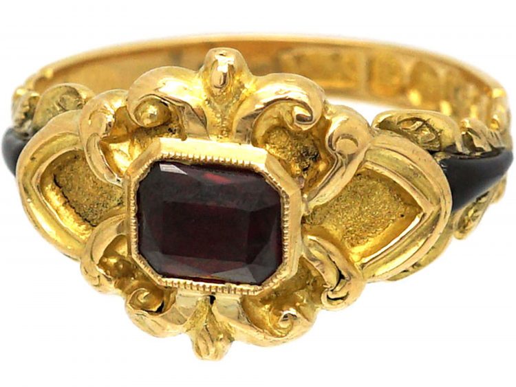 Late Georgian 18ct Gold & Black Enamel Ring Set With a Garnet