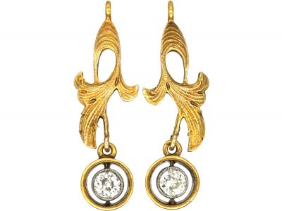 Art Nouveau 18ct Gold Drop Earrings set with Diamonds