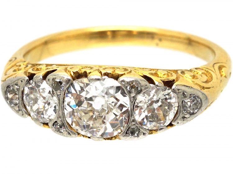 Victorian 18ct Gold, Five Stone Diamond Carved Half Hoop Ring