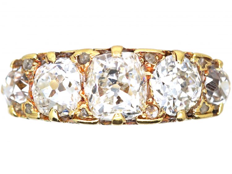 Victorian 18ct Gold, Five Stone Diamond Carved Half Hoop Ring