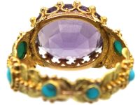 Georgian 15ct Two Colour Gold, Amethyst & Turquoise Ring with Floral Detail