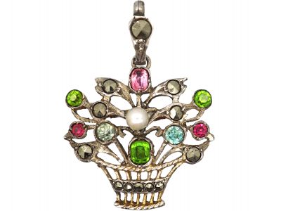 Edwardian Silver, Paste, Pearl & Marcasite Basket of Flowers Pendant