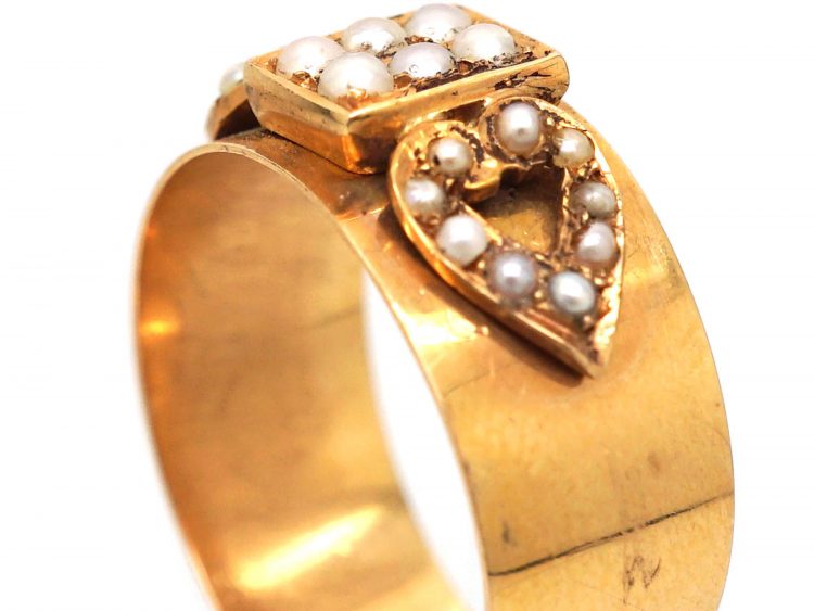 Belle Epoque French 18ct Gold Ring with Natural Split Pearl Hearts Motif
