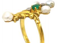 French Art Nouveau 18ct Gold, Emerald, Diamond & Natural Baroque Pearl Ring
