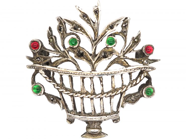 Edwardian Silver, Marcasite & Paste Giardinetti Brooch