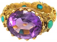 Georgian 15ct Two Colour Gold, Amethyst & Turquoise Ring with Floral Detail