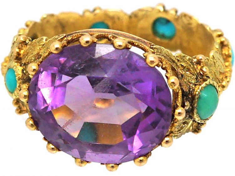 Georgian 15ct Two Colour Gold, Amethyst & Turquoise Ring with Floral Detail