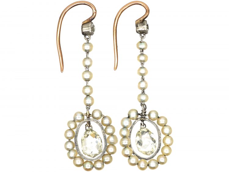 Edwardian Platinum & Natural Pearl & Briolette Diamond Earrings