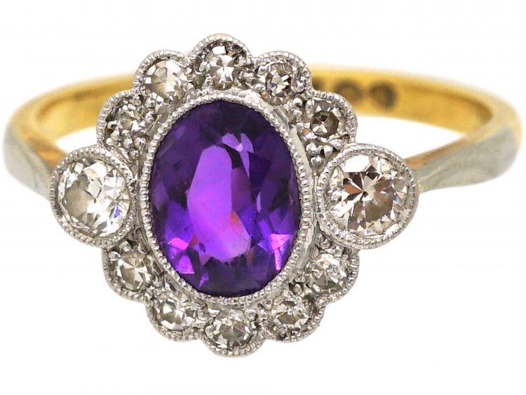 Edwardian 18ct Gold & Platinum, Amethyst & Diamond Cluster Ring