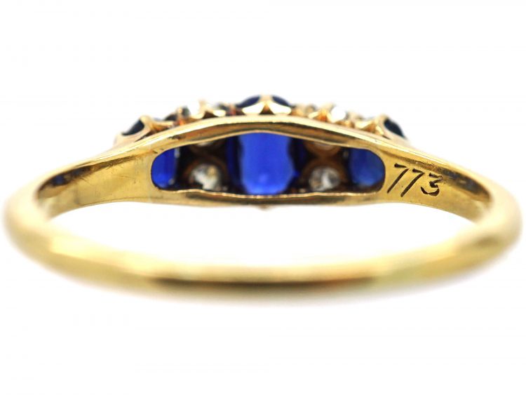 Edwardian 18ct Gold, Three Stone Sapphire Ring with Diamonds In Between