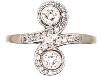 Art Deco 14ct White Gold, Platinum & Diamond Swirl Ring