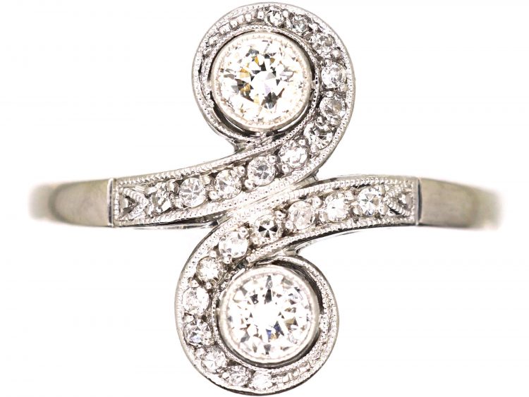 Art Deco 14ct White Gold, Platinum & Diamond Swirl Ring