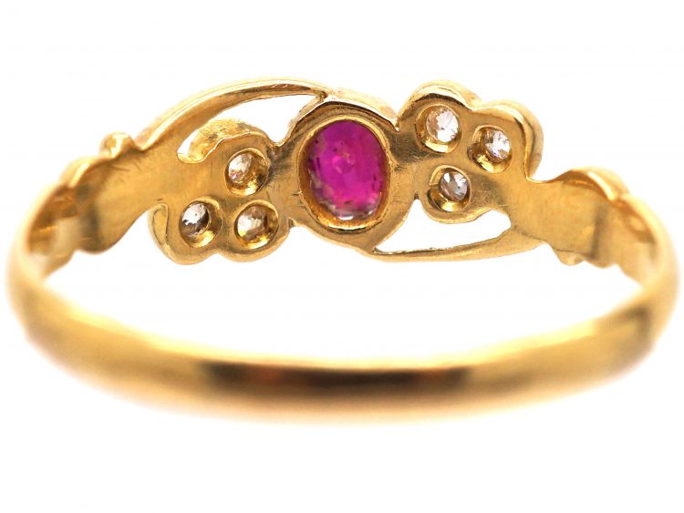 Edwardian 18ct Gold, Ruby & Diamond Trefoil Ring by Deakin & Frances