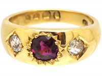 Victorian 18ct Gold, Three Stone Almandine Garnet & Diamond Gypsy Ring