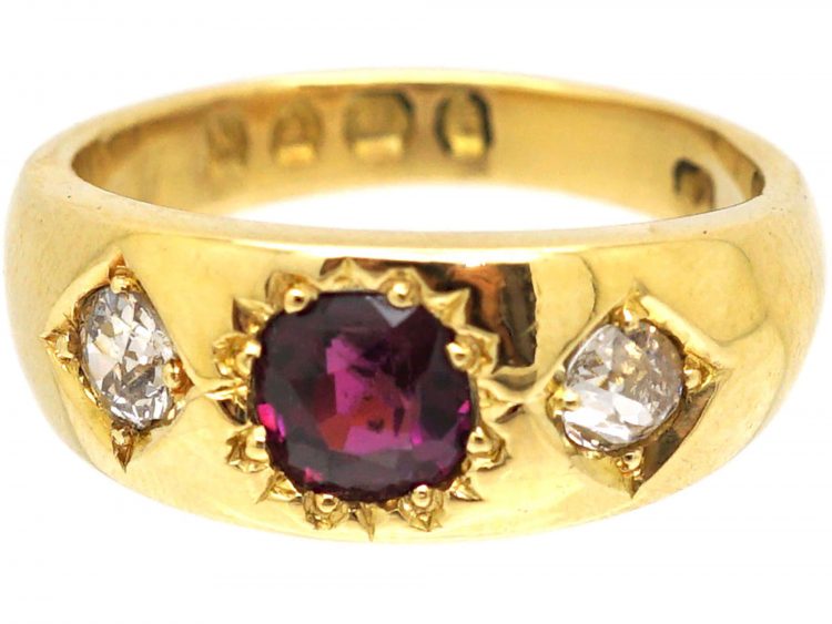 Victorian 18ct Gold, Three Stone Almandine Garnet & Diamond Gypsy Ring