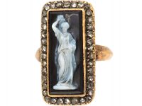 Victorian Carved Onyx Cameo Ring with Rose Diamond Border