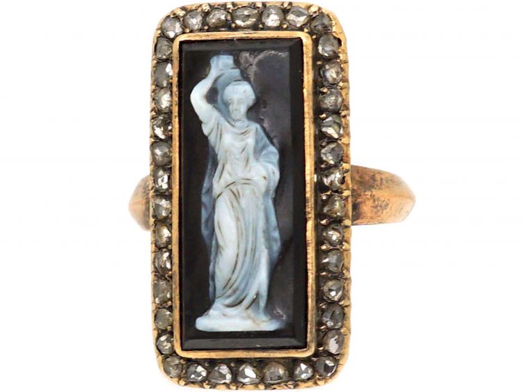 Victorian Carved Onyx Cameo Ring with Rose Diamond Border