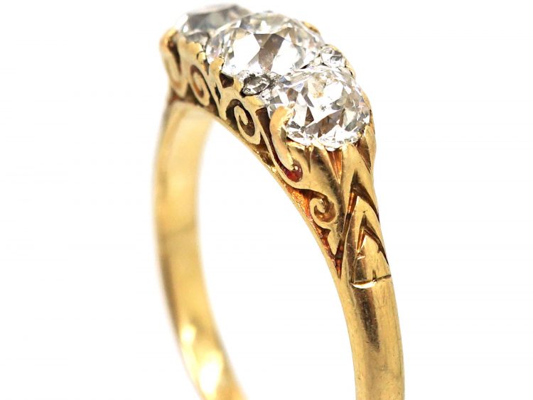 Victorian 18ct Gold, Three Stone Diamond Carved Half Hoop Ring