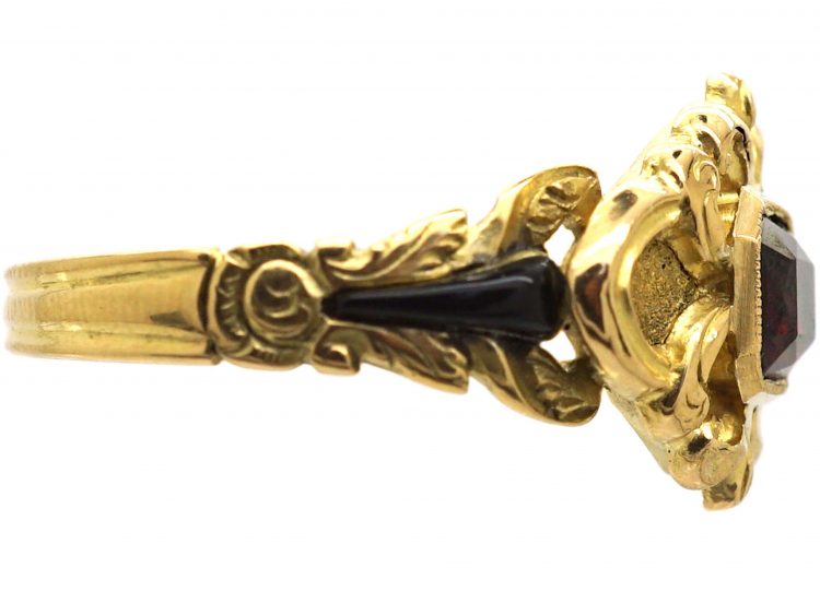 Late Georgian 18ct Gold & Black Enamel Ring Set With a Garnet
