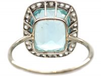 Art Deco Platinum, Aquamarine & Rose Diamond Ring
