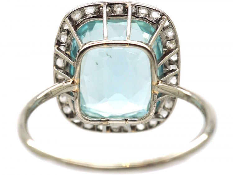 Art Deco Platinum, Aquamarine & Rose Diamond Ring