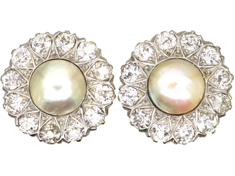 Early 20th Century 18ct Gold, Natural Pearl & Diamond Cluster Earrings