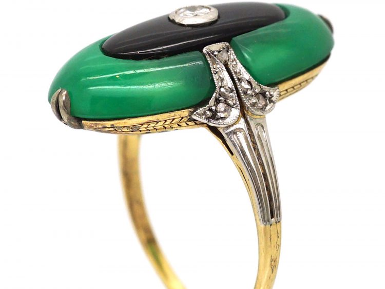 Art Deco 18ct Gold & Platinum, Chalcedony, Onyx & Diamond Ring