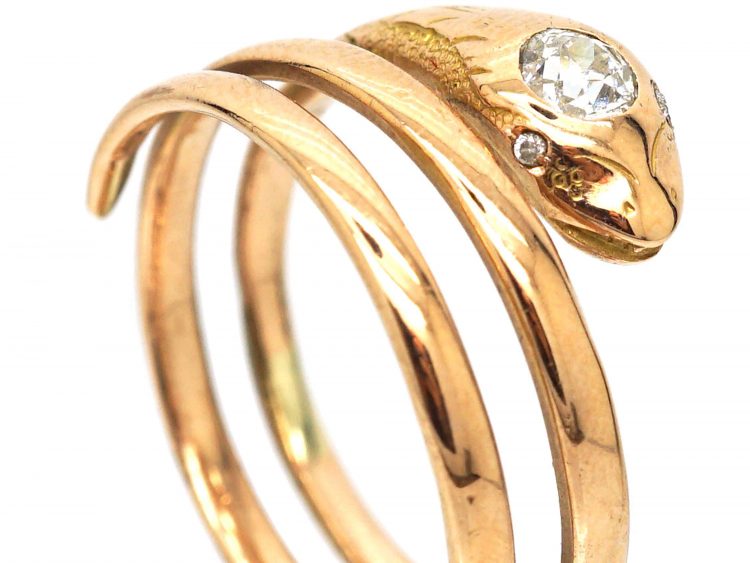 Edwardian 15ct Gold Coily Snake Ring with Diamond Detail