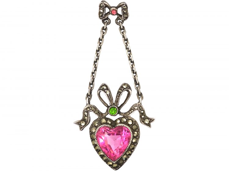 Early 20th Century Silver, Marcasite & Paste Heart Shaped Pendant