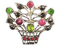 Edwardian Silver & Coloured Paste Basket of Flowers Brooch