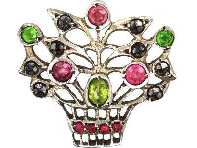 Edwardian Silver & Coloured Paste Basket of Flowers Brooch