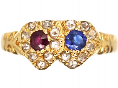 Edwardian 15ct Gold, Double Heart Ring set with Rose Cut Diamonds, a Ruby & a Sapphire